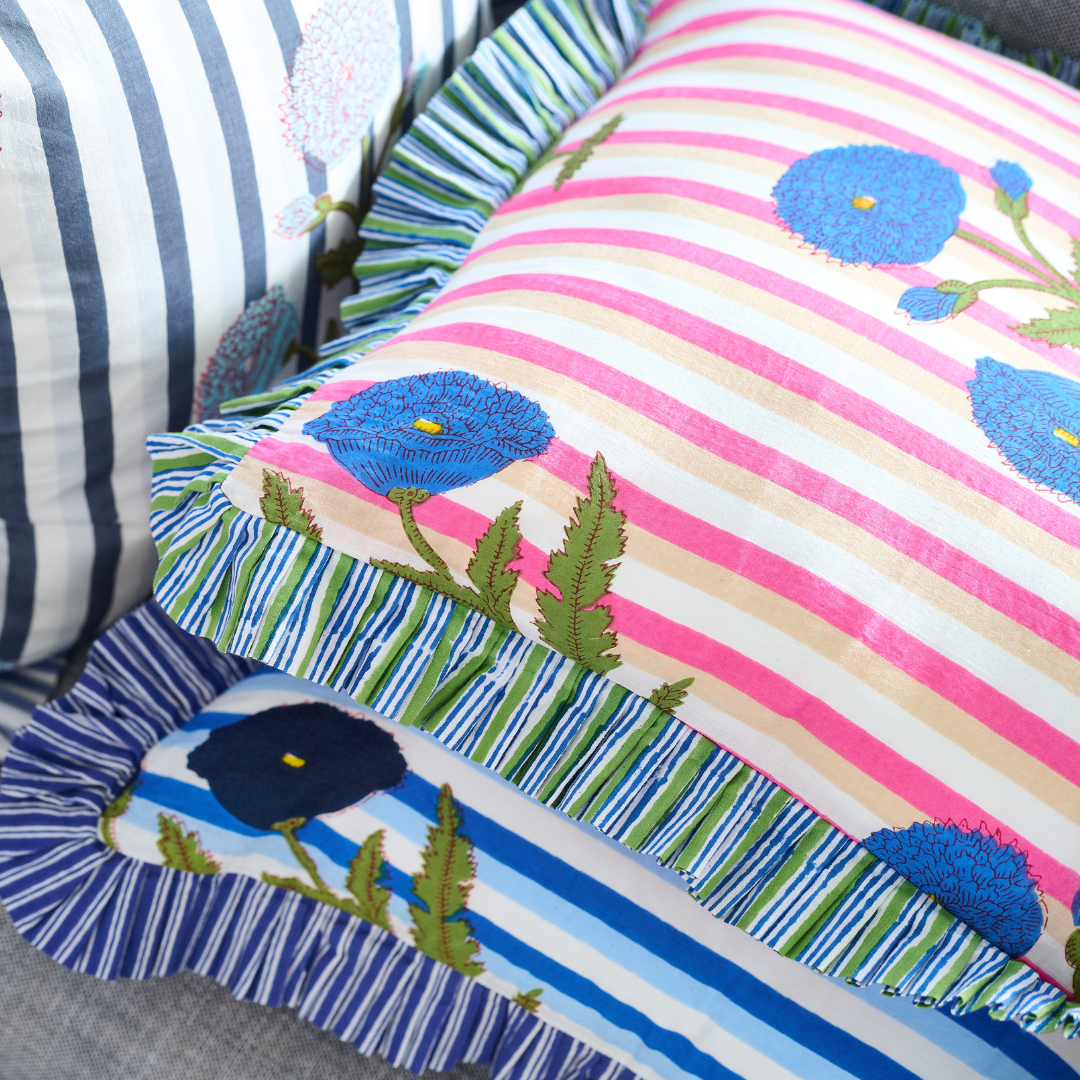 Marigold Stripes Block Print Throw Pillow, Pink - Image 2