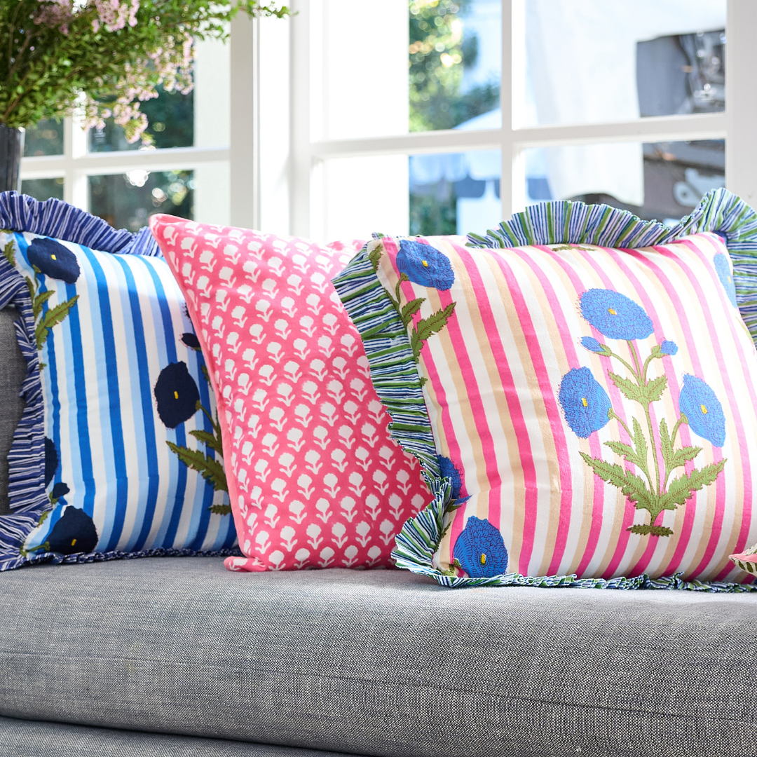 Marigold Stripes Block Print Throw Pillow, Pink - Image 3